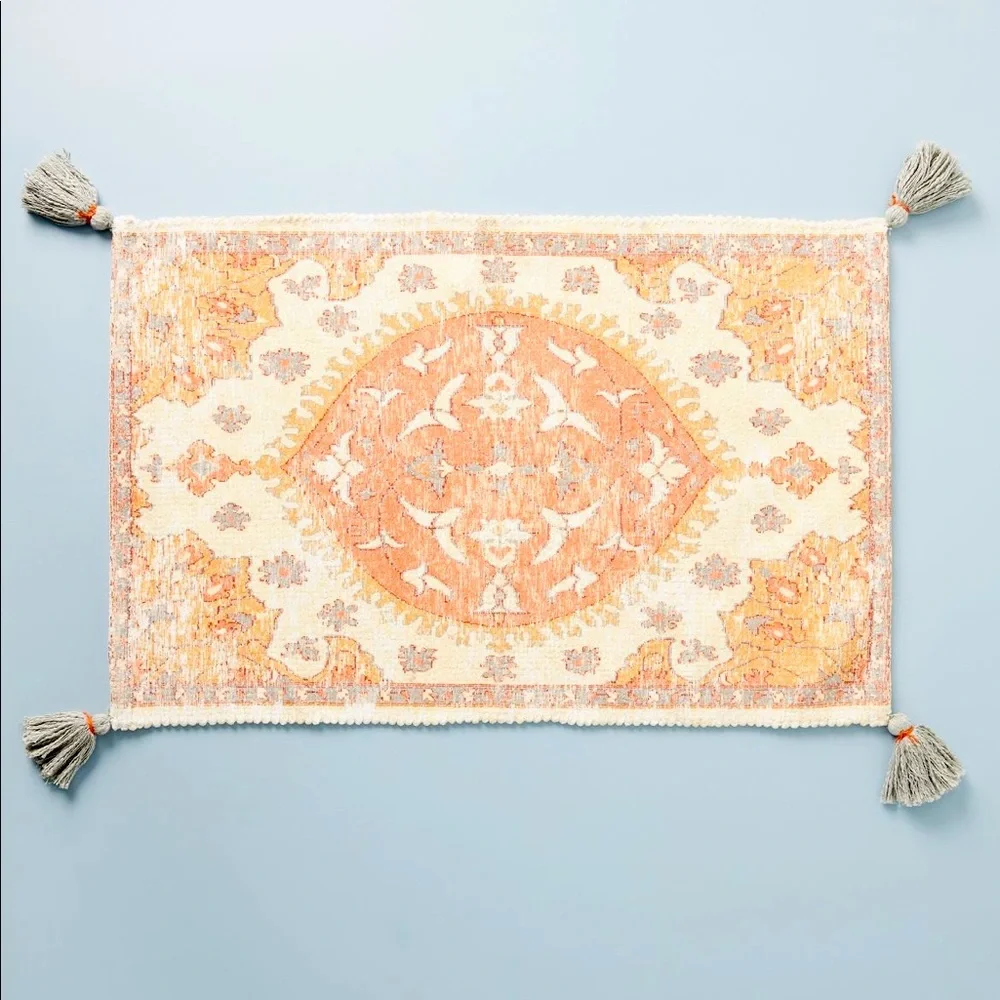 Anthropologie Peach and Cream Tassel Bath Mat